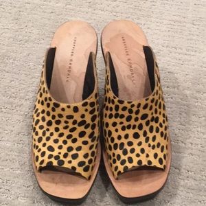 Wedge animal print faux fur mules